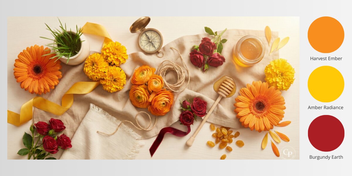 Flat lay with orange and yellow flowers, burgundy roses, ribbon, compass, and honey on cream fabric