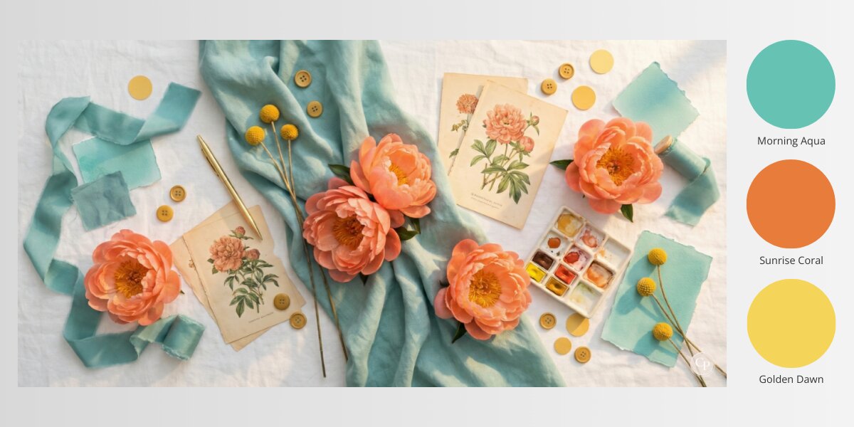 Teal ribbon, coral flowers with gold centers, vintage flower cards, gold buttons, watercolor palette on white fabric background