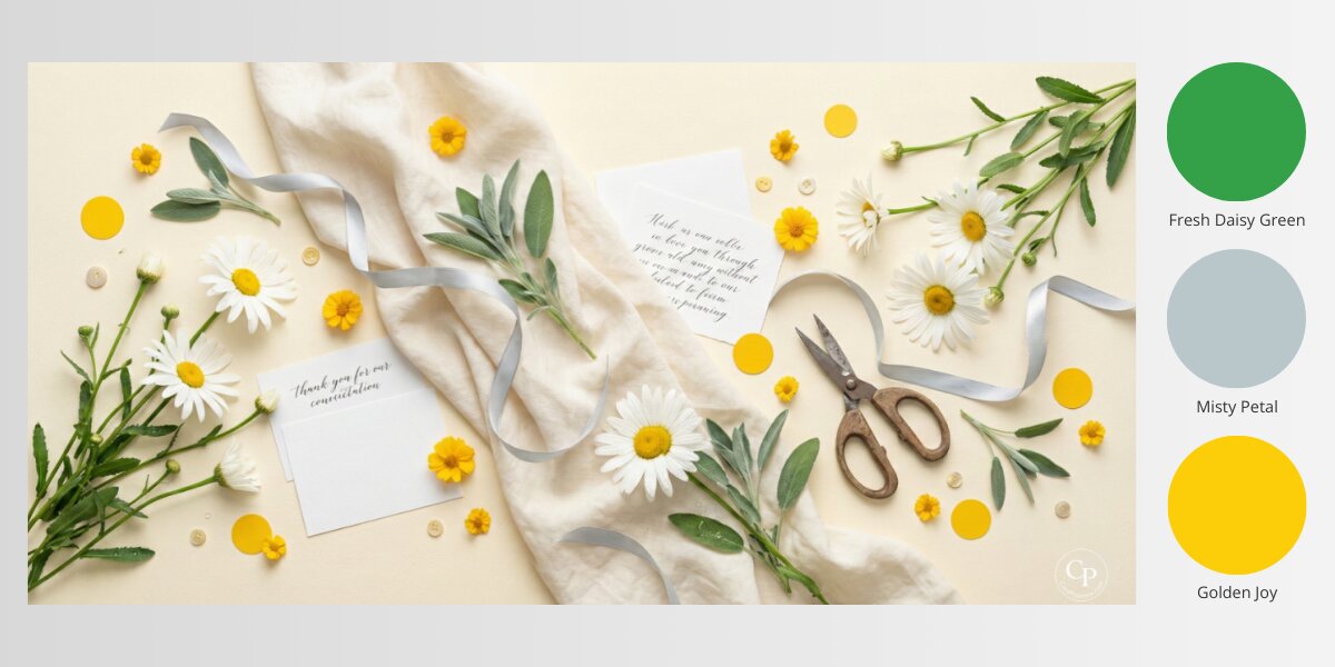 White daisies with yellow centers, green leaves, gray ribbon, vintage paper cards, gold scissors on cream fabric background