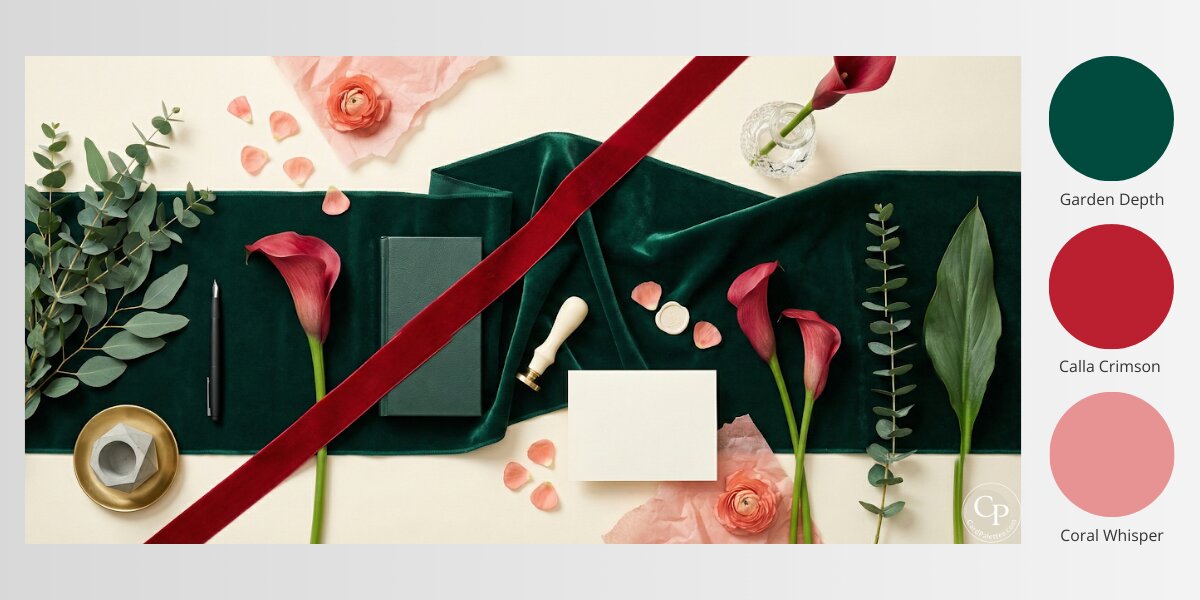Flat lay with dark green fabric, red ribbon, pink flowers, red calla lilies, and white card on cream background
