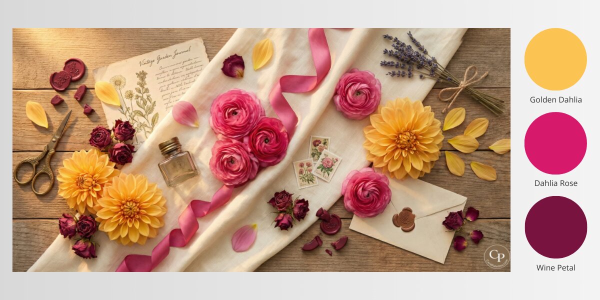 Flat lay with golden yellow dahlias, pink roses, burgundy petals, ribbon, vintage journal, and envelope on wood table