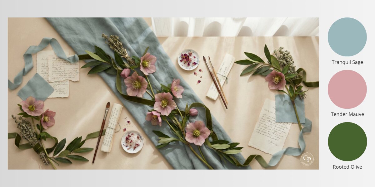 Gray-blue ribbon, dusty pink flowers, olive green branches, vintage handwritten letters, brushes on cream fabric background