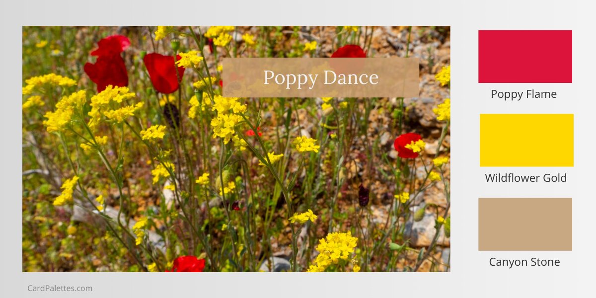 Bright red and yellow wildflowers on tan rocks beside three color swatches in crimson, yellow, and warm beige