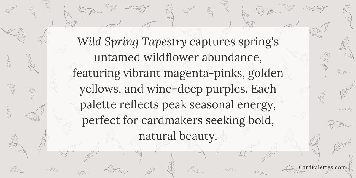 Wild Spring Tapestry collection introduction with botanical line art background and spring wildflower color palette theme text