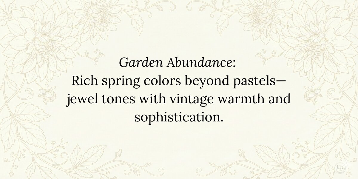 Delicate line art border with dahlia flowers and leaves framing text about spring color palettes