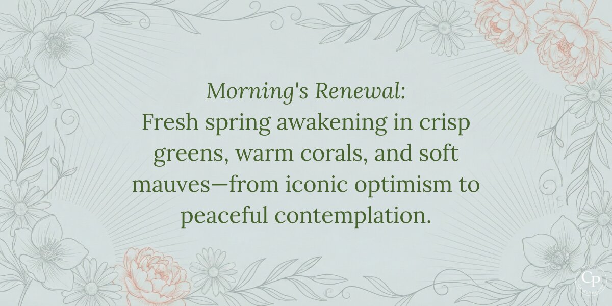 Text on sage green background with floral line drawings in corners reading Morning's Renewal and fresh spring awakening